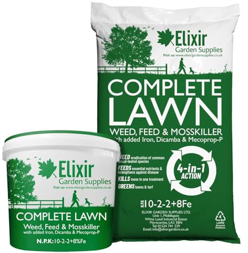 Elixir Gardens UK COMPLETE LAWN Weed, Feed & Mosskiller 10-2-2+8Fe | 4-in-1 Turf & Grass Fertiliser/Feed with Added Iron, Dicamba & Mecoprop-P | 96 Square Meters Coverage | 3kg Tub