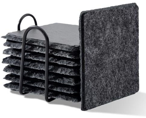 Getränkeuntersetzer mit Halter, Schiefer Untersetzer 8er Set - 10x10 cm Filz Untersetzer, Glasuntersetzer Tischuntersetzer für Getränke, Bar, Tassen, Tischuntersetzer Getränkeuntersetzer - Dunkelgrau
