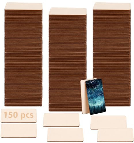 ZOFUN 150 Stück Holzplättchen Rechteckig Holzstücke, 3.3x5cm Holzklötzchen zum basteln, Blanko Holzplatten zum Basteln mit Schleifblock für DIY Basteln Malen DIY Handwerk Dekoration