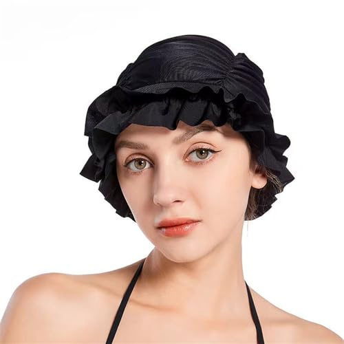 Swim Cap Women Adult with Ruffled Edges -Nylon Cloth Swimming Cap Extra Swimming Cap Elastic Comfort Bathing Hats Keep Hairstyle Unchanged Swim Caps for Women (Black)
