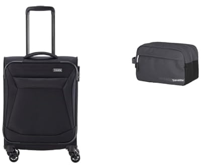 Travelite 4-Rad Koffer Handgepäck Weichschale, IATA Bordgepäck Maß & Handgepäck Kosmetiktasche, Gepäck Serie Kick Off: Praktische Kulturtasche für Urlaub und Sport, 26 cm, 5 Liter, D'anthrazit