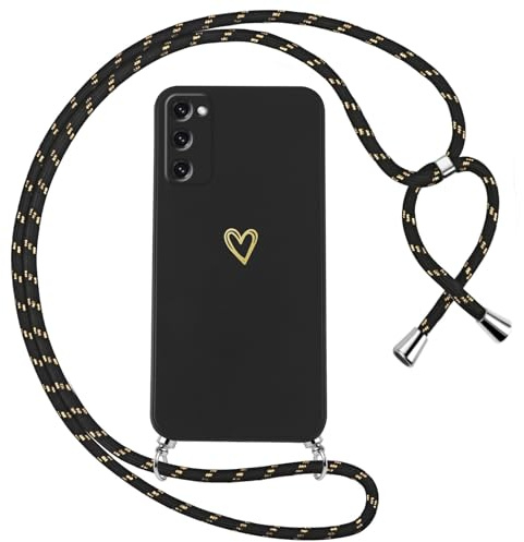 Oelrstfe Handyband für Samsung Galaxy S20 FE 5G Hülle mit Band Herz Motiv Handyhülle für zum Umhängen Silikon Stoßfest Ultra Dünn Weich Schutzhülle mit Kordel Necklace Kette Love Muster Case,Schwarz
