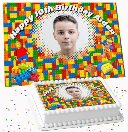 YOUR OWN PHOTO ON BUILDING BRICKS BACKGROUND BIRTHDAY PERSONALISED ICING EDIBLE LARGE CAKE TOPPER DECORATION SUITABLE FOR USE ON COSTCO CAKE PC-564