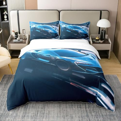 100% Bio-Baumwolle Racing Speed Auto Bettbezug Extreme Sport Wettbewerb Tröster Abdeckung 200x200 3D Auto Druck Bettwäsche Set Blau Rennwagen Bett Set für Jungen Männer,Cool Mode Home Decor