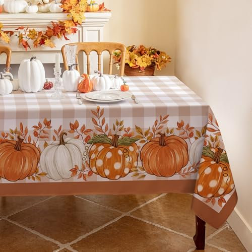 Romanstile Tischdecke Herbst 100x100 cm Abwaschbar mit Kürbismuster Orange Tischdecken Karierte Wasserabweisend Tischwäsche Modern Klein Tischtuch Halloween für Outdoor Geburtstag Party Dekoration