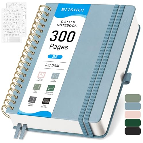 EMSHOI Taccuino punteggiato B5, blocco note a spirale 150 fogli/300 pagine, 100 g/m², copertina rigida, stencil, tasca, anello per penna, righello, segnalibro, griglia a punti proiettili, diario per