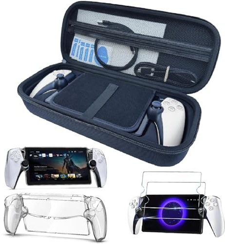 3 in 1 Accessories Set for PlayStation Portal - GAMSURFING Carrying Case for PS5 Portal and Hard PC Clear Cover Case with 2 Screen Protector Tempered Glasses,4 Thumb Grips,PS Portal Accessories Bundle