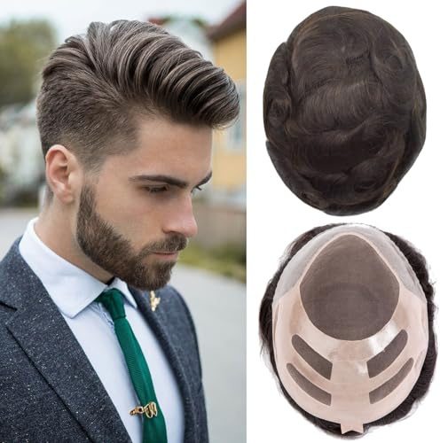 Ehairc Haar System für Männer Bond Mono Lace Pu Front und Npu zurück Mens Toupee Durable Toupee für Männer 100% Echthaar Herrenperücke männliche Haarprothese 120% mittlere Dichte（#3）