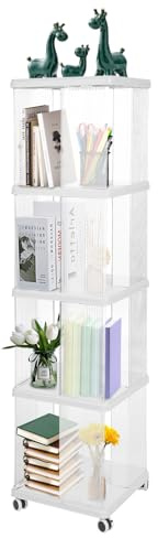 HOARLICN Drehbares Bücherregal, 4-Etagen Transparentes Drehregal Mit Rollen – 360° Drehbar & Mobil, Quadratische Form– Idealer Aufbewahrungslösung Für Zu Hause (36 * 36 * 138.5cm)