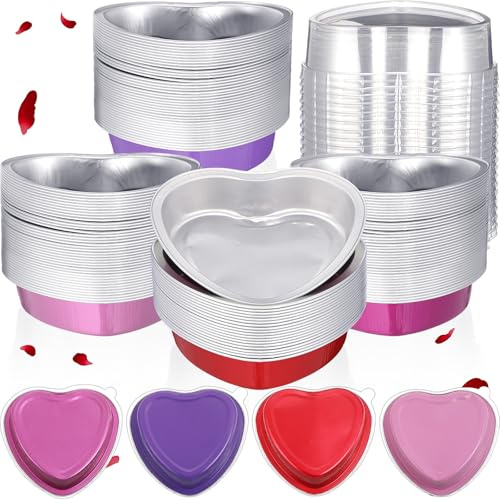 Fainne 40 Sets Mother's Day 5 Aluminum Foil Heart Shaped Cake Pans with Clear Lids 225 ml/ 7.92 oz Heart Cake Pan Mini Mother's Day Containers Disposable Dessert Baking Containers (Multicolor)