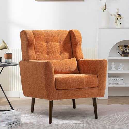 FINTHOMING Accent Chair, Comfy Upholstered Living Room Chairs with High Tufted Backrest and Pillow, Wingback Reading Chair with Solid Wood Legs for Bedroom/Office, Chenille Fabric, Orange