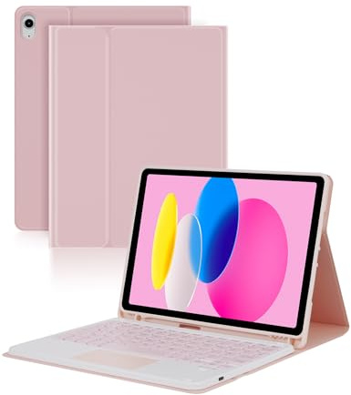 LAMA Keyboard Case with Touchpad for iPad A16 11 & 10th Gen 10.9, Pink | Detachable Touchpad Keyboard Folio Cover with Pencil Holder, Adjustable Viewing Angles, Auto Sleep/Wake, UK Layout