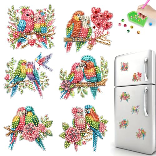 6 Stück Magnete Diamond Painting Kühlschrankmagnete für Magnettafel Kühlschrank Whiteboard Pinnwand Küche Lustige Magnete Dekorative Geschenke für Geburtstag Erwachsene Mädchen Junge-Papagei