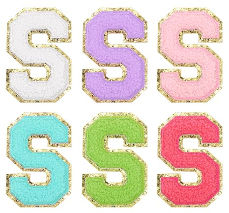 QUARKZMAN 6 Stück Buchstaben zum Aufbügeln,Selbstklebende Chenille-Buchstaben S mit Glitzer-Goldrand,gestickter Patch zum Aufbügeln für Kleidung, Tasche, Laptop, Handyhülle