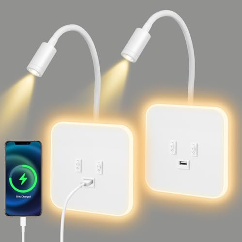 Gxpjycfob 2pcs Applique Murale LED, Lampe de Lecture de Chevet à Col de Cygne, Applique Murale de Chevet Réglable, avec Port de Chargement USB (Lumière Chaude 3w + 9w)(Blanc)