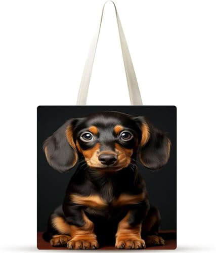 Lindo perro salchicha Bolsa de Lona 38x34cm Tote Bag sin Cremallera,juego de 1 Canvas Tote Bags para Mujer,Bolsa de Compras Plegable,Bolso de Mano Lavable para Compras,Trabajo,Vida Cotidiana,Viajes