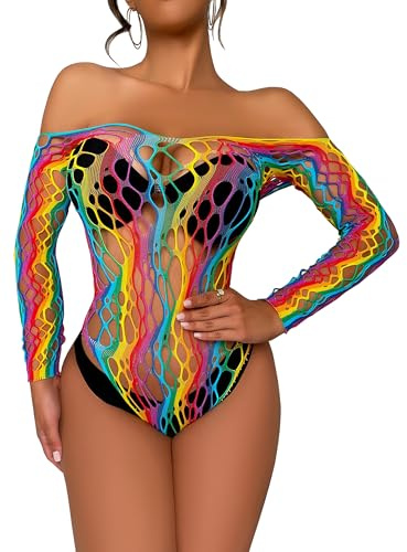 Mingnos Sexy Netz Bodys für Damen Mesh Bodysuit Netzbody Rave Festival Outfit Top Durchsichtig Dessous Netzoberteil Regenbogen