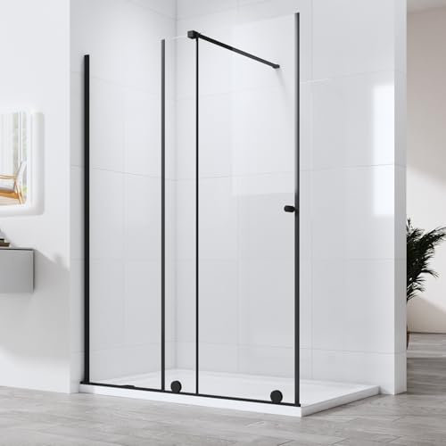 Walk in Dusche Walk in Duschwand mit Schiebetür 140x185cm 6mm ESG Sicherheitsglas Duschkaine Duschtür Schiebetür Duschabtrennung Duschtrennwand, Links und Rechts montierbar, Schwarz