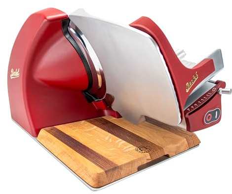 Berkel Home Line 250 Plus Trancheuse à charcuterie, électrique et compacte, rouge mat, idéale pour le prosciutto, les légumes et le fromage, avec planche en bois de qualité supérieure