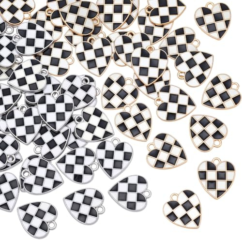 nbeads 52 Stück 2 Stile Karierte Charms, Schwarz Weiße Herzanhänger Emaille Legierung Herz Kariert Anhänger Für Armband Halskette Ohrringe Schlüsselanhänger Taschenanhänger Schmuckzubehör