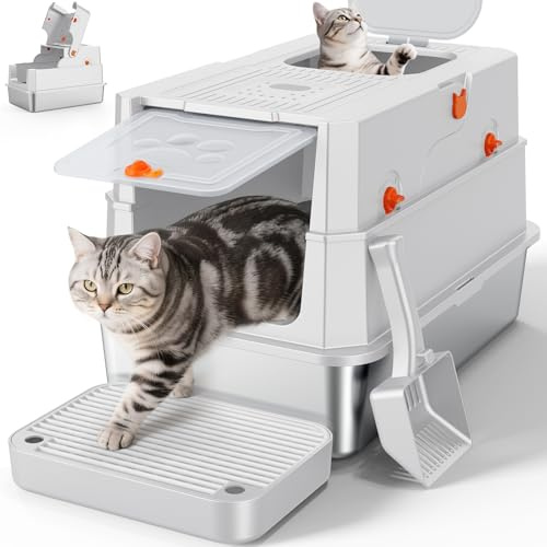 MIXJOY Edelstahl Katzenklo XXL mit Deckel, Katzentoilette Edelstahl Zwei-Tür-Konfiguration, Geschlossenes Katzenklo mit Schaufel, Leicht zu Reinigen, Geeignet für große/mehrere Katzen, 59x38x39cm