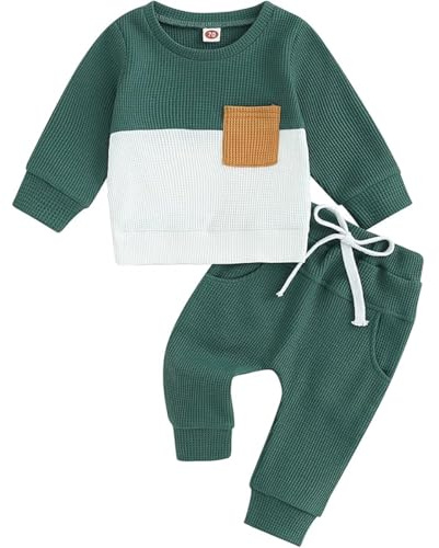 Eqenkely Ensemble Vêtement Bébé Garçon de 2 Pièces Patchwork Sweat-Shirt avec Poche + Pantalon Jogger Vert 12-18 Mois