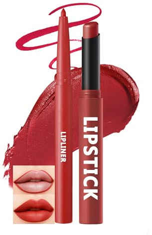 Matt Lippenstift & Lipliner Set, Langanhaltender Wasserfest, Brick Red Lip Liner Lipstick, Hochpigmentiert Non-Stick Lipliner Lip Gloss, Cream Texture Matte Samt, Makeup Gift für Frauen-Set 10