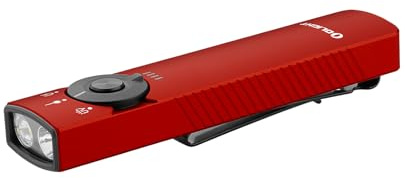 OLIGHT Arkfeld Pro Linterna Recargable EDC de 1300 LM con Led UV, Luz Verde y Luz Blanca, Empuñadura Antideslizante, Estructura Ultrafina Plana con Clip de Bolsillo Bidireccional (Rojo)