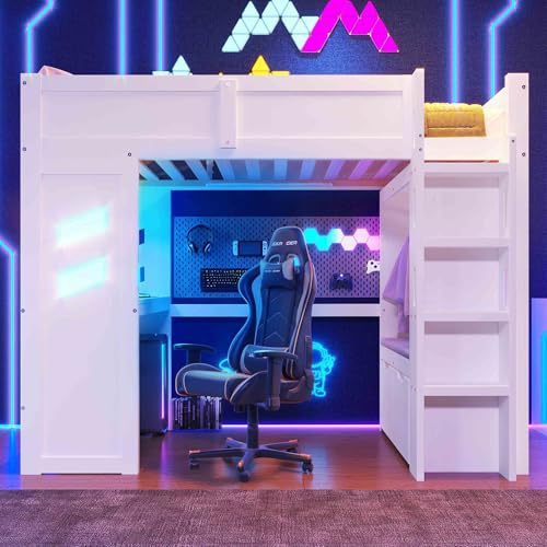 Generisch Hochbett 90x200cm Gaming Bett mit Schreibtisch – LED-Beleuchtung, USB-C & Typ-C Ladeanschluss, Integrierte Schubladen + Wäscheständer, 120 kg Tragkraft (Ohne Matratze)