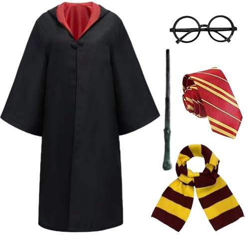 HSHHOOM Vestito da Mago Adulto, Costume Magico Set con Mantello Cravatta Sciarpa Occhiali Scettro, Unisex Costumi di Mago per Carnevale Halloween Cosplay Fancy Dress (Rosso, L)