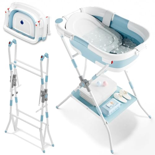 2-in-1 Baby Badewanne mit Gestell, Faltbare Badewanne Baby mit Badestütznetz, Geeignet für Neugeborene bis Kleinkinder, Mehrzweck- und Faltdesign zur Aufbewahrung, Ideal für Reisen und im Freien, Blau
