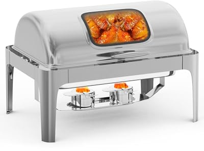 Garvee Stainless Steel Roll Top Chafing Dish Buffet Set, 9L Full Size Food Warmer with Visible Glass Lid, Water Pan, Fuel Holder & Stand for Parties, Banquets, Silver