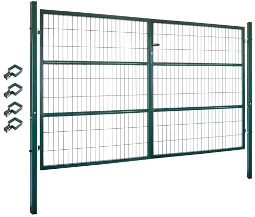 Gartentor Tor 300 x 160 cm Gartenzaun Zaun Doppelflügelig Gartentür aus Metall für Stabmattenzaun Abschließbar inkl. Pfosten Grün V2Aox