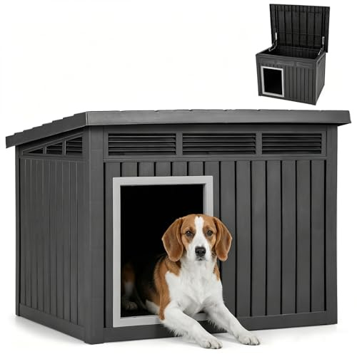 GYMAX Hundehütte Outdoor, Hundehaus für mittelgroße Hunde, Isoliert & Wetterfest, Kleintierhaus mit aufklappbarem Schrägdach, Lüftungsöffnungen & Drainagelöchern, 81 x 64 x 61 cm, Schwarz