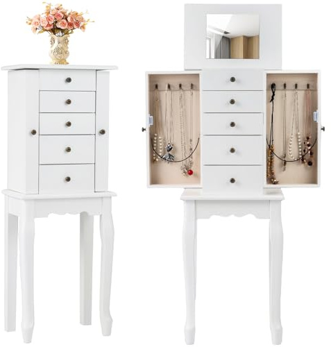 Giantex Standing Jewelry Armoire Cabinet with 4 Drawers, Flip Top Mirror, Top Storage Compartments, 2 Side Doors with 8 Necklace Hooks, Freestanding Jewelry Organizer Box Chest (White)