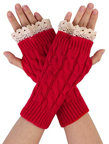 sourcing map Unisex Orificio Sin Dedos Guantes Tejidos De Acanalado Trenzado Encaje Rojo Una Talla