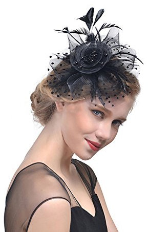 FakeFace Fascinator Hüte mit Feder Blumen Haar Clip Haarreif Haar Accessoire Netz-Mütze Schleier Cocktail Tea Party Hochzeit Kirche Haarschmuck Kopfschmuck, M, Schwarz