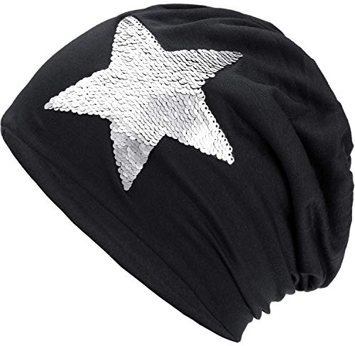 Compagno Slouch Beanie mit Pailletten aus atmungsaktivem, feinem und leichten Jersey Unisex Damen Mütze Haube Boho Bini Mädchen Einheitsgröße