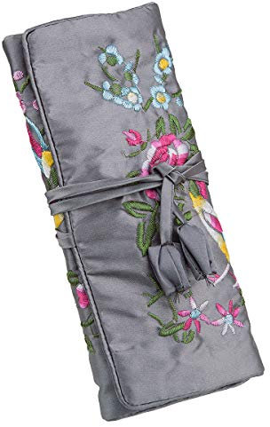 mookaitedcor Garten Design Stickerei Schmuckrolle für Reisen, Schmuck Organizer Reise Schmucktasche für Ringe Ohrringe Halsketten Armbänder, Grau