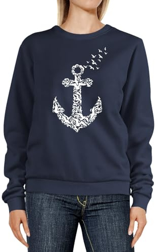 Neverless® Sweatshirt Damen Anker Vögel Print Aufdruck Rundhals-Pullover Pulli Sweater Navy S