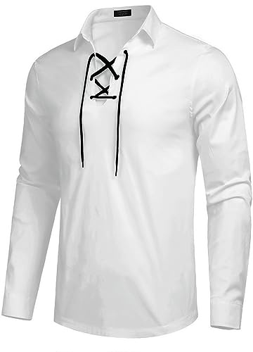 COOFANDY Herren-Kilt-Hemd, schottisches Jacobit-Ghillie-Kilt-Hemd, Mittelalter-Renaissance-Piratenkostüm, langärmelig, Schnürung, Henley-Shirt, 01-weiß, L