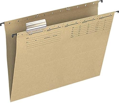 Q-Connect KF00555 25 Stück Hängemappen und Zubehör UniReg/Für A4 Farbe: Braun/Aus 250g/qm Natronkarton/Schwarzer Organisationsdruck/mit auswechselbaren Blanco-Schildchen/Metall-Hängenschienen