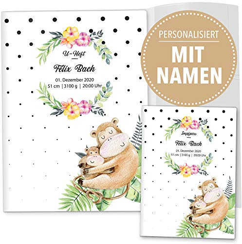 OLGS U-Heft und Impfpasshülle Set 3-teilig | Mommy Love Dots | Hüllen für Untersuchungsheft & Impfpass | Geschenkidee mit Namen, Geburtsdatum (Uhefthülle, Impfpasshülle personalisiert, Affe)