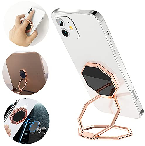 CLZWiiN Cellphone Ring Holder Finger Kickstand, Foldable 360° Rotation Cell Phone Stand for Desk, Magnetic Car Mount, Metal Multi-Angle for Phone Back Grip Compatible with iPhone, iPad (Rose Gold)