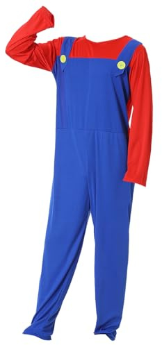 COXNSXX Plumber Brothers Costume Boy/Adult Dress Up Costume with Mustache and Hat for Carnival and Cosplay, Red and Green, S/M/L/XL