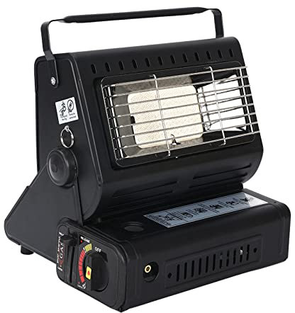 Calentador de gas portátil de 1,3 kW, calentador de gas butano para camping con conector externo, potencia de fuego ajustable, calentador de interior y exterior (negro)