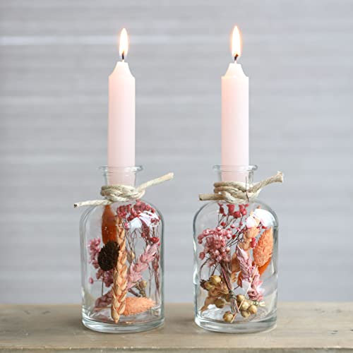 Trockenblumen im Glas mit Kerzen, Trockenblumen Set mit Vase, 2 Stück, getrocknete Blumen deko, Flaschen Kerzenhalter mit ewige Blumen, Geschenke für Frauen (Rosa)