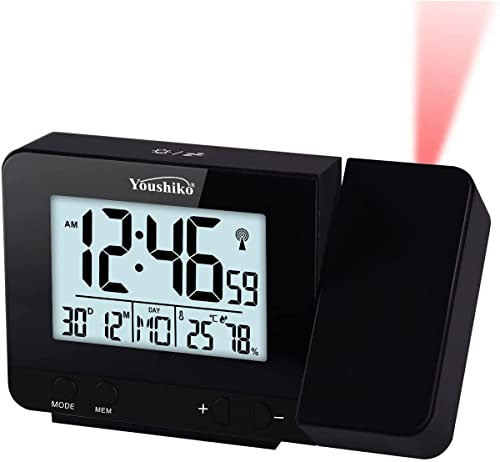 Youshiko Radio Control (Official 2025 MSF UK Version) Projection Alarm Clock, Bedroom Projector Clock Dual Alarms LCD Display Date Time