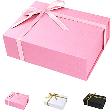 Geschenkbox mit Deckel, Geschenkbox mit Schleifenband und Geschreddertes Papier, Magnetische Geschenkboxen Groß für Hochzeit Geburtstag Weihnachten Jubiläum (Rosa, 26 * 18 * 7.5cm)