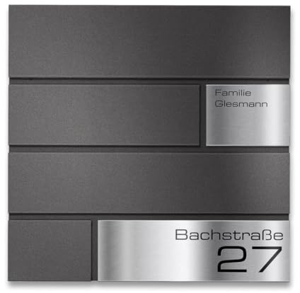 Metzler Briefkasten in grau Modell G - Pulverbeschichtung in DB 703 Eisenglimmer - Postkasten mit Gravur und Edelstahl Namensschild - Zur Wand-Montage - Größe: 37 x 37 x 10,5 cm